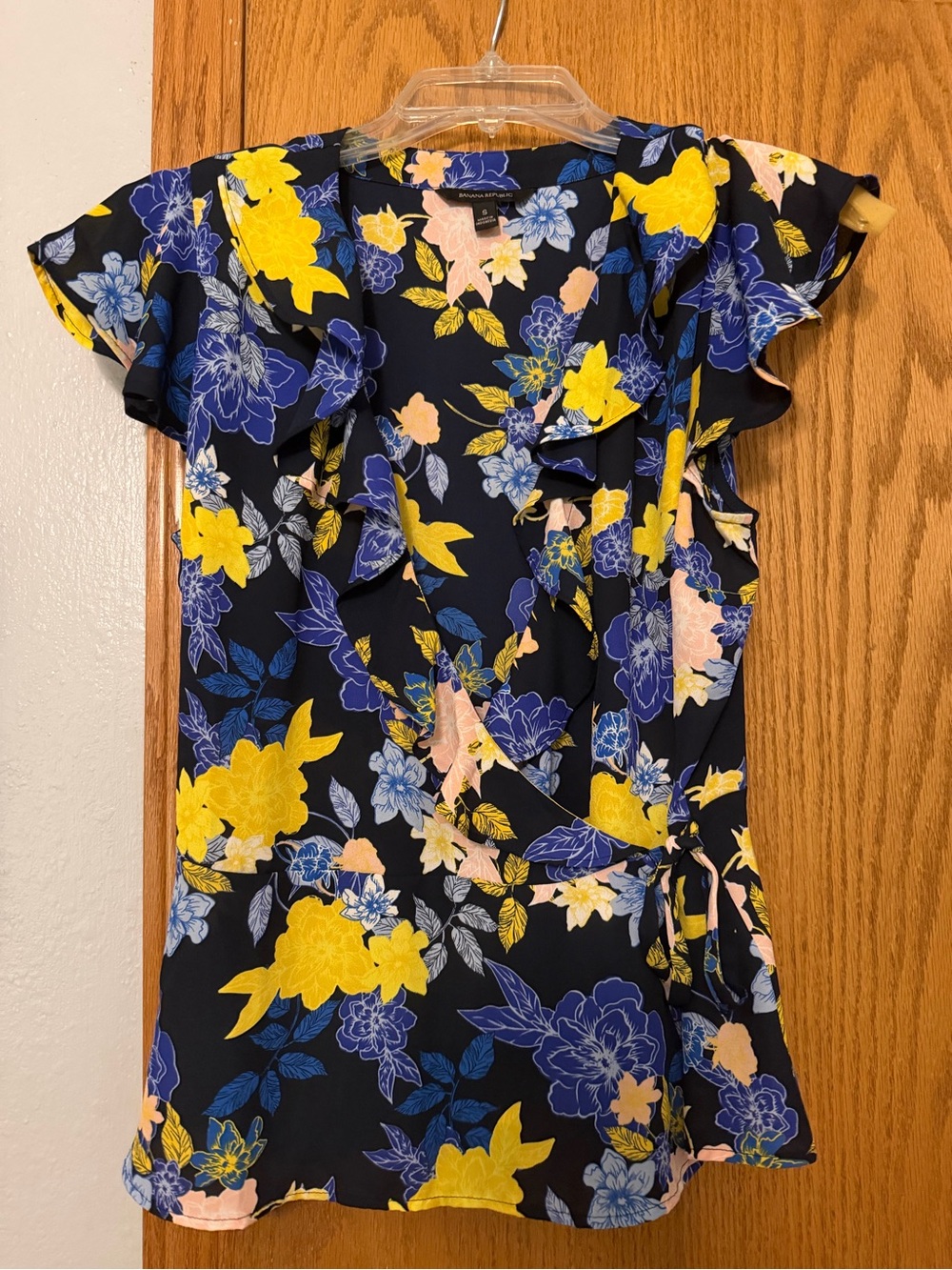 Banana Republic Floral Wrap Top with Yellow & Blue Blooms